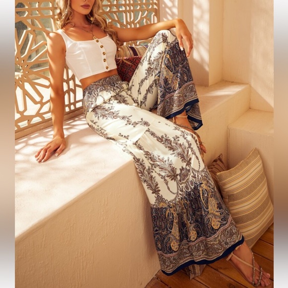 Boho Floral Print Palazzo High Waist Wide Leg Pants - Picture 1 of 8